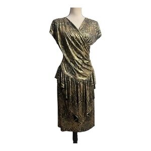 Vintage 80s Steppin' Out Gold Ruched Drape Midi Dress Size 13